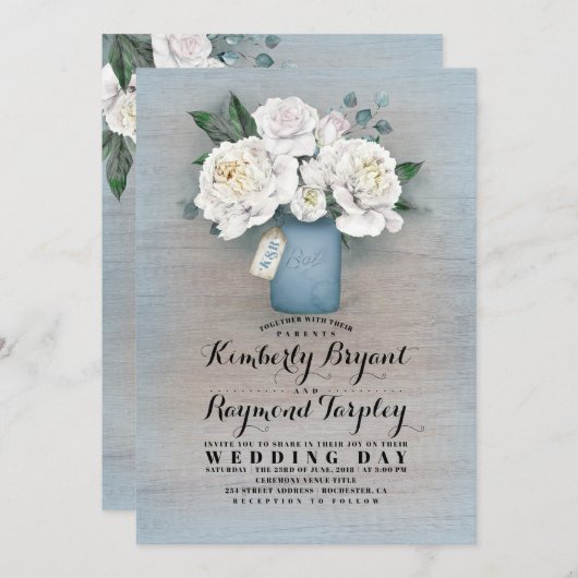 Dusty Blue Painted Mason Jar Rustic Floral Wedding Einladung (Vorne/Hinten)