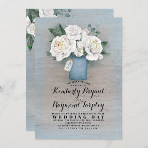Dusty Blue Painted Mason Jar Rustic Floral Wedding Einladung