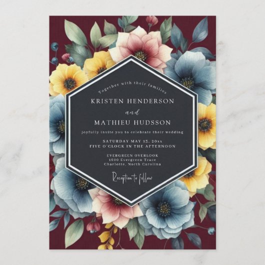 Dusty Blue Painterly Bloom Wedding Einladung (Vorderseite)
