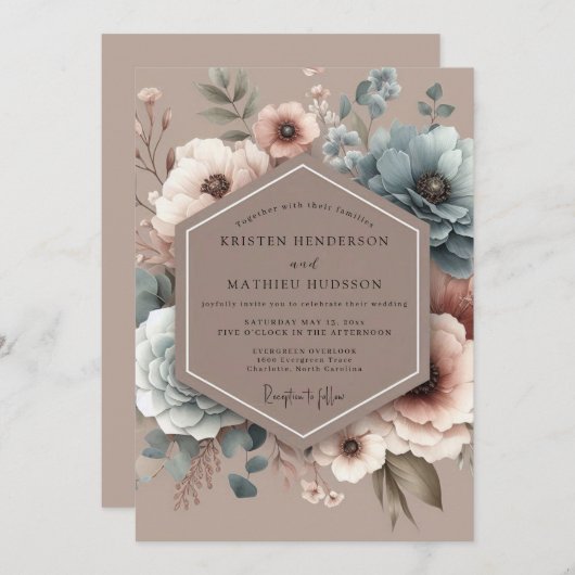 Dusty Blue Painterly Bloom Wedding Einladung (Vorne/Hinten)