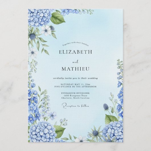 Dusty Blue Painterly Botanical Wedding Einladung (Vorderseite)