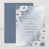 Dusty Blue Painterly Flora Wedding Einladung (Vorne/Hinten)