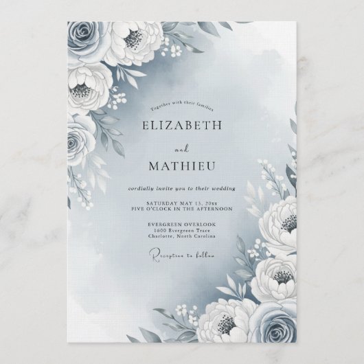 Dusty Blue Painterly Flora Wedding Einladung (Vorderseite)