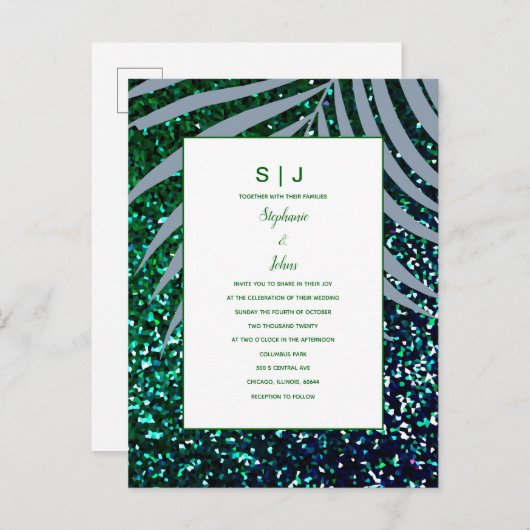 Dusty Blue Palm Blätter Green Glitzer Wedding Einladungspostkarte (Vorne/Hinten)
