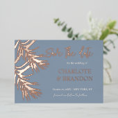 Dusty Blue Palm Blätter Hochzeitssache Datum speic Folieneinladung (Stehend vorne)