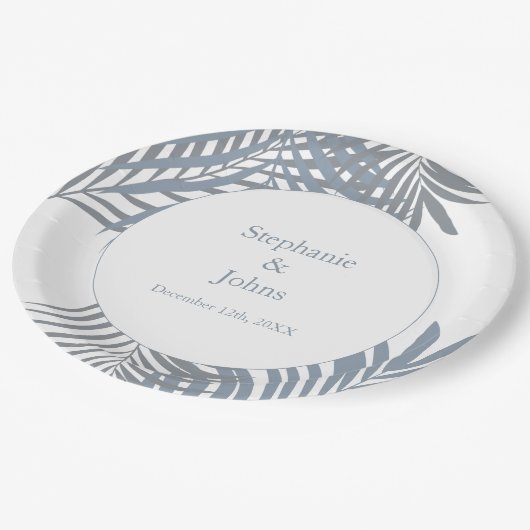 Dusty Blue Palm Blätter Parco Civico-Ciani Pappteller (Schrägansicht)