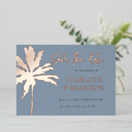 Dusty Blue Palm Tree Beach Hochzeit Save the Date Folieneinladung