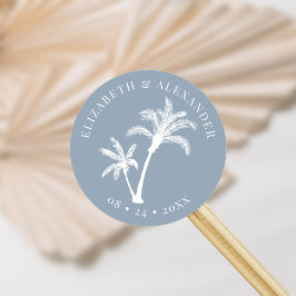 Dusty Blue Palm Tree Beach Tropical Wedding Runder Aufkleber
