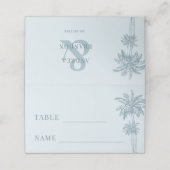 Dusty Blue Palm Tree Boho Beach Wedding Table Platzkarte (Außenseite Aufgefaltet)