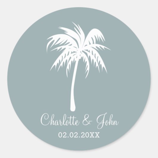 Dusty Blue Palm Tree Hochzeitsticker Runder Aufkleber (Vorderseite)
