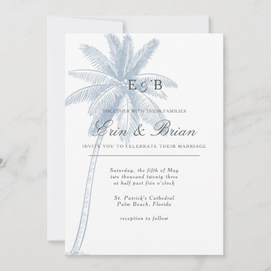 Dusty Blue Palm Tree Wedding Invitation Minimal Einladung (Vorderseite)