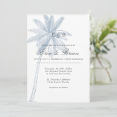 Dusty Blue Palm Tree Wedding Minimal Einladung (Stehend Vorderseite)