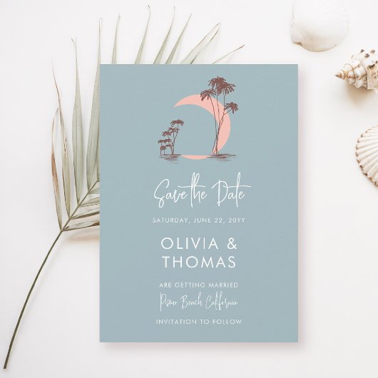 Dusty Blue Palm Trees Moon Modern Beach Wedding Save The Date