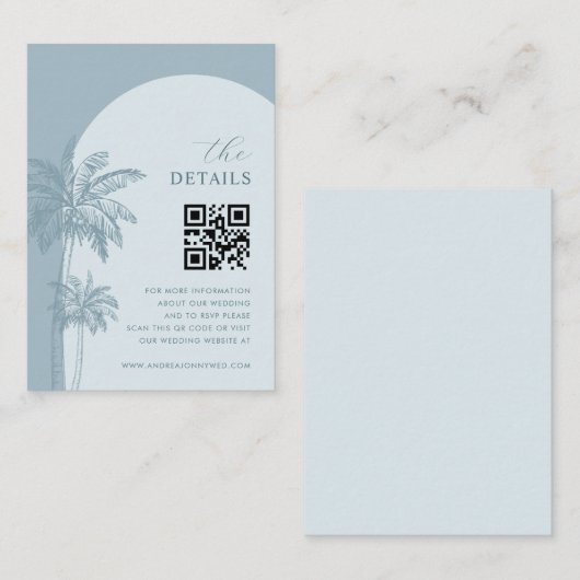 Dusty Blue Palm Trees QR Code Details Hochzeit Begleitkarte (Vorne/Hinten)