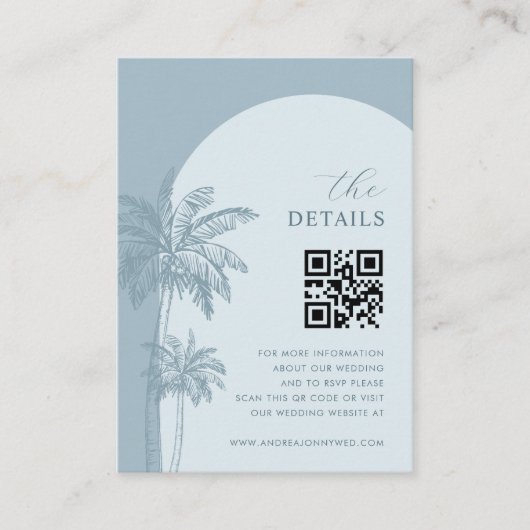 Dusty Blue Palm Trees QR Code Details Hochzeit Begleitkarte (Vorderseite)