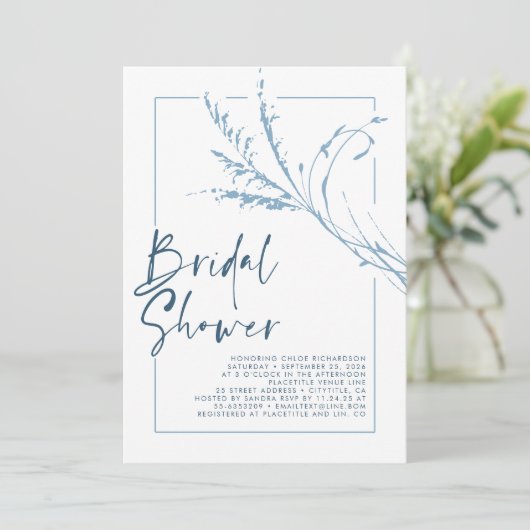 Dusty Blue Pampas Grass Modern Boho Brautparty Einladung (Stehend Vorderseite)