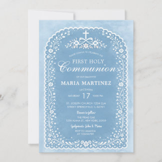 Dusty Blue Papel Picado Girl First Holy Communion Einladung