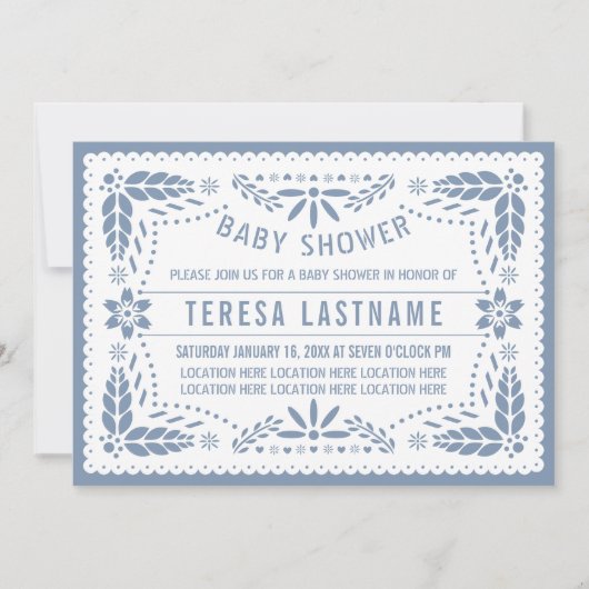 Dusty blue papel picado Mexican baby Boy Dusche Einladung (Vorderseite)