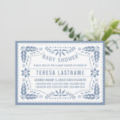 Dusty blue papel picado Mexican baby Boy Dusche Einladung (Stehend Vorderseite)