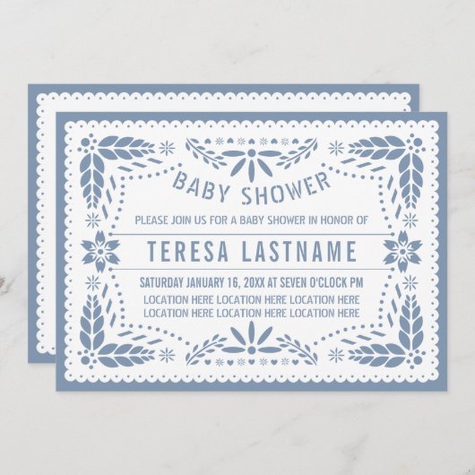 Dusty blue papel picado Mexican baby Boy Dusche Einladung (Vorne/Hinten)