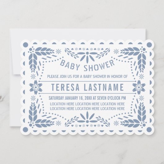 Dusty Blue Papel Picado White Baby Boy Dusche Einladung (Vorderseite)
