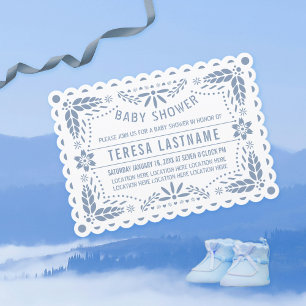 Dusty Blue Papel Picado White Baby Boy Dusche Einladung