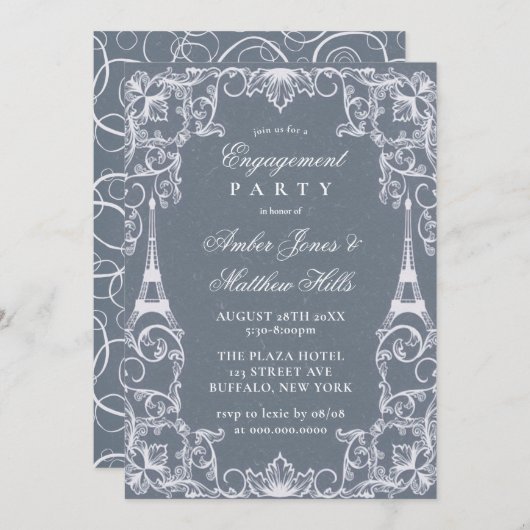 Dusty Blue Paris Frankreich Themenabwicklungsparty Einladung (Vorne/Hinten)