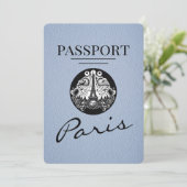 Dusty Blue Paris Passport Save the Date (Stehend Vorderseite)