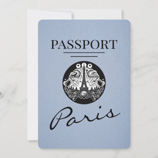 Dusty Blue Paris Passport Save the Date (Vorderseite)