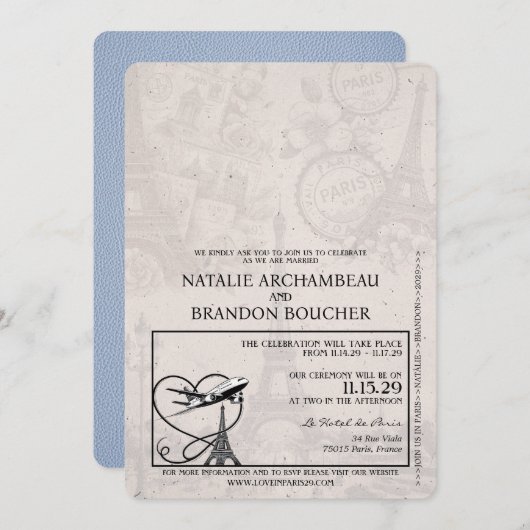 Dusty Blue Paris Passport Wedding Einladung (Vorne/Hinten)