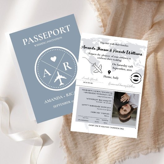 Dusty Blue Passport Foto Einladung Hochzeit