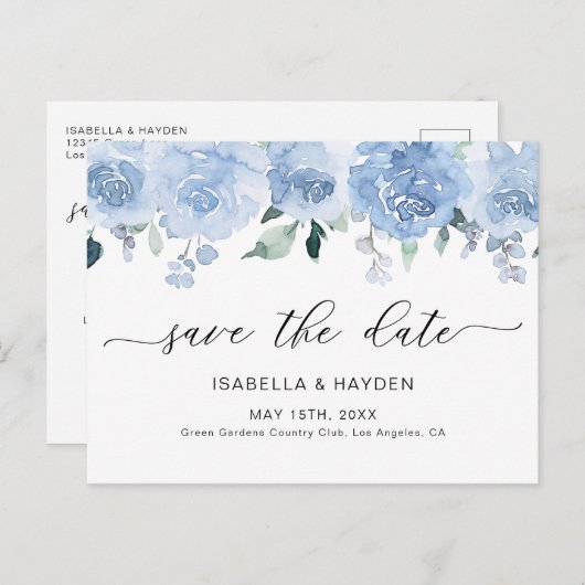 Dusty Blue Pastel Floral Light Boho Save the Date Ankündigungspostkarte (Vorne/Hinten)