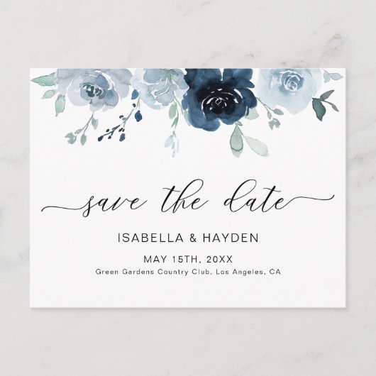 Dusty Blue Pastel Floral Pastel Boho Save the Date Ankündigungspostkarte (Vorderseite)