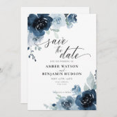 Dusty Blue Pastel Navy Blume Floral Save the Date Einladung (Vorne/Hinten)