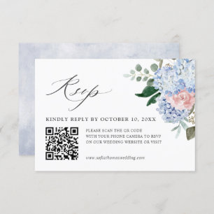Dusty Blue Pastel Pink Hydrangea Floral Wedding QR RSVP Karte