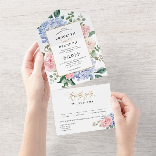 Dusty Blue Pastel Pink Hydrangeas Blumenzehen All In One Einladung (Abreißen)