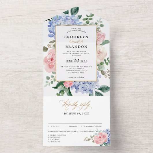 Dusty Blue Pastel Pink Hydrangeas Blumenzehen All In One Einladung (Innen Boden)