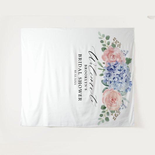 Dusty Blue Pastel Pink Hydrangeas Brautparty Wandteppich (Vorderseite (Horizontal))