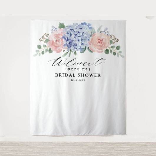 Dusty Blue Pastel Pink Hydrangeas Brautparty Wandteppich (Vorderseite)