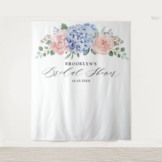 Dusty Blue Pastel Pink Hydrangeas Brautparty Wandteppich (Vorderseite)