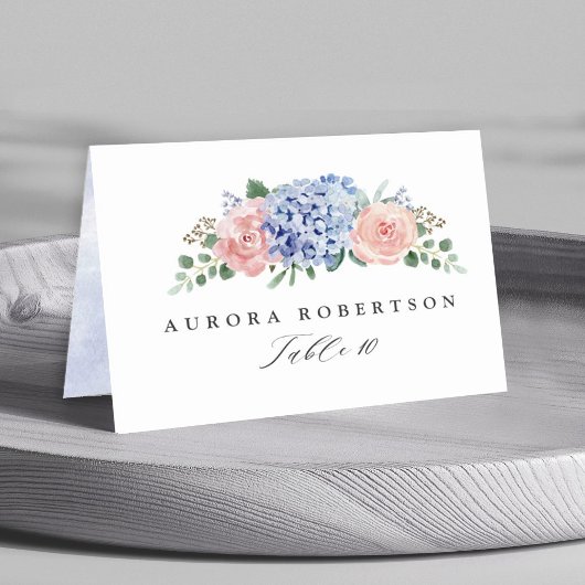 Dusty Blue Pastel Pink Hydrangeas Gast Name Tischnummer
