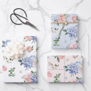 Dusty Blue Pastel Pink Hydrangeas Hochzeit Geschenkpapier Set
