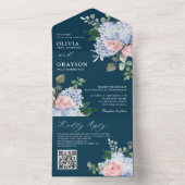 Dusty Blue Pastel Pink Hydrangeas Wedding QR Code All In One Einladung (Innen Boden)