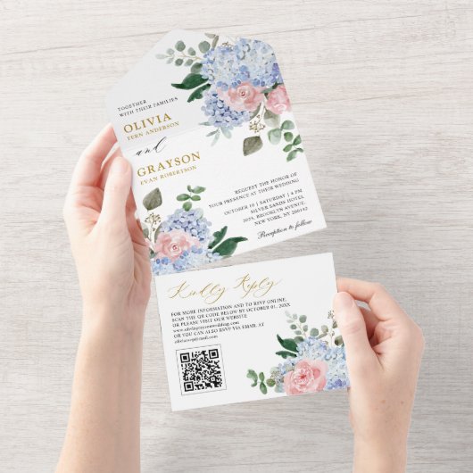 Dusty Blue Pastel Pink Hydrangeas Wedding QR Code All In One Einladung (Abreißen)