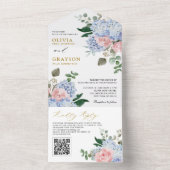 Dusty Blue Pastel Pink Hydrangeas Wedding QR Code All In One Einladung (Innen Boden)