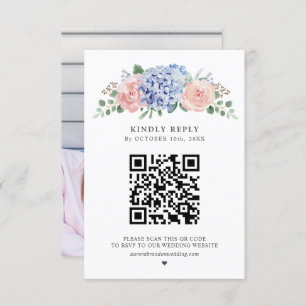 Dusty Blue Pastel Pink Hydrangeas Wedding QR Code RSVP Karte