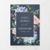 Dusty Blue Pastel Pink Hydrangeas Wedding Tri-Fol Dreifach Gefaltete Ankündigung (Cover)