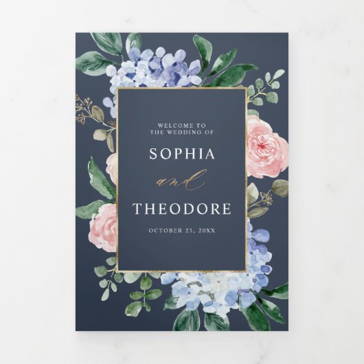 Dusty Blue Pastel Pink Hydrangeas Wedding Tri-Fol Dreifach Gefaltete Ankündigung (Cover)