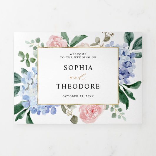 Dusty Blue Pastel Pink Hydrangeas Wedding Tri-Fold Dreifach Gefaltete Ankündigung (Cover)