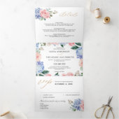 Dusty Blue Pastel Pink Hydrangeas Wedding Tri-Fold Dreifach Gefaltete Ankündigung (Innenseite)
